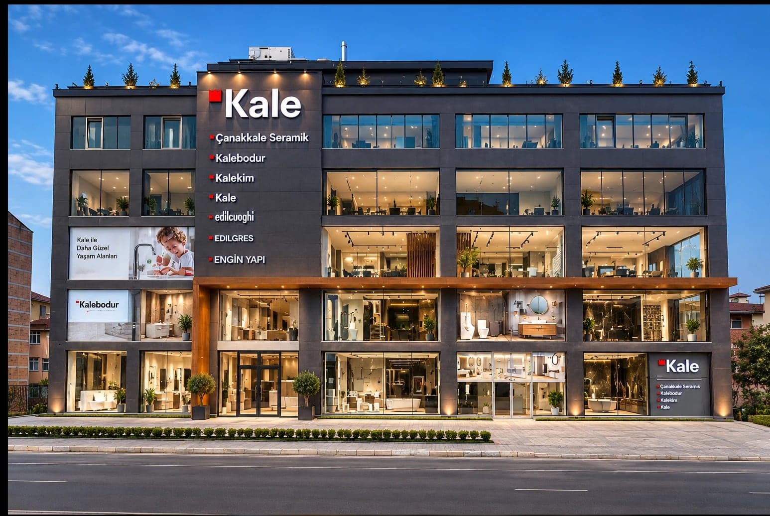 Engin Yapı Sancaktepe showroom binası, akşam ışıklarıyla