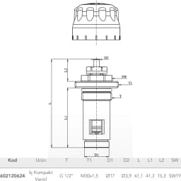Eca 1/2 Kompakt Tip Panel Radyatörler İçin 41 Mm İç Kompakt Ventil - 602120624 görsel 2