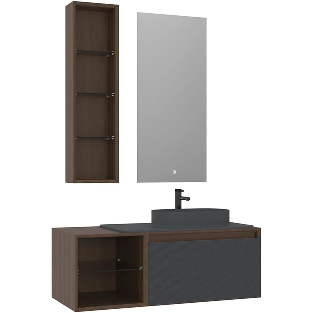 Orka Pacific 110 Cm Mat Antrasit-Moka Meşe Banyo Dolabı Takımı (Sağ)