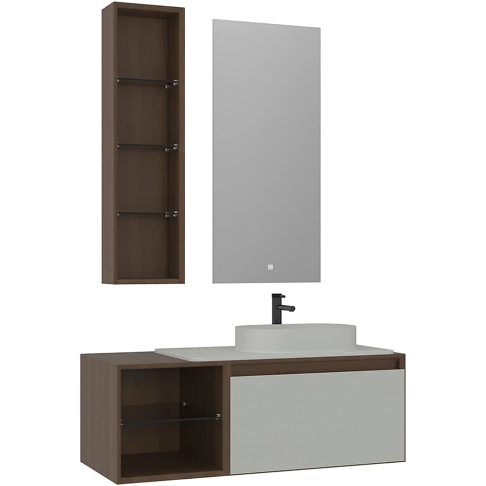 Orka Pacific 110 Cm Mat Kaşmir-Moka Meşe Banyo Dolabı Takımı (Sağ)