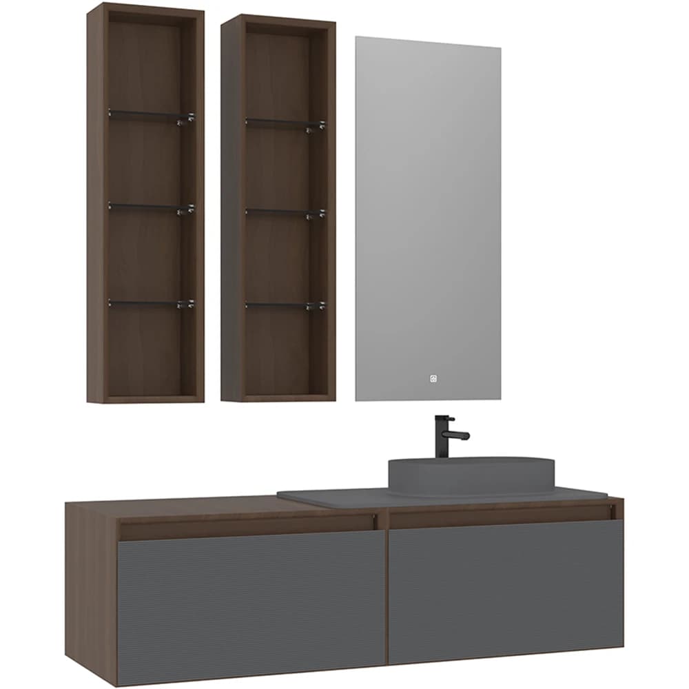 Orka Pacific 140 Cm Mat Gri-Moka Meşe Banyo Dolabı Takımı (Sağ)