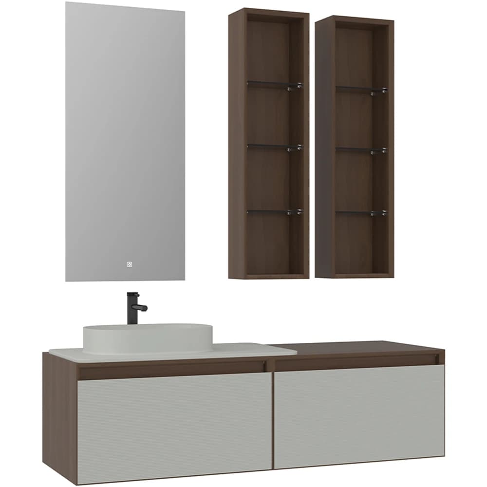 Orka Pacific 140 Cm Mat Kaşmir-Moka Meşe Banyo Dolabı Takımı (Sol)