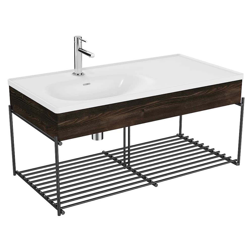 Vitra Equal 100 Cm Karaağaç Asimetrik Beyaz Lavabolu Raflı Lavabo Ünitesi