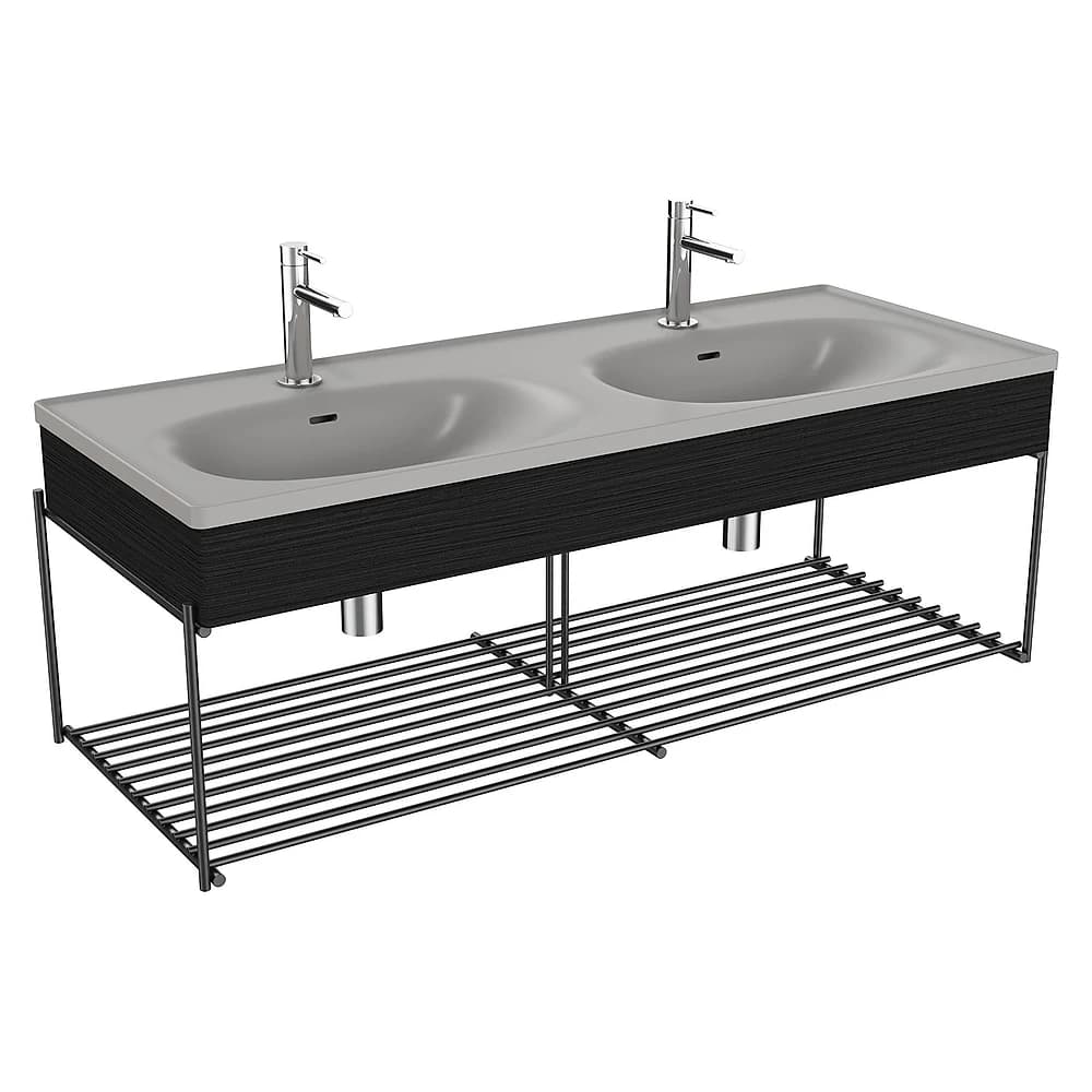 Vitra Equal 130 Cm Hareli Siyah Meşe Çift Hazneli Gri Lavabolu Raflı Lavabo Ünitesi