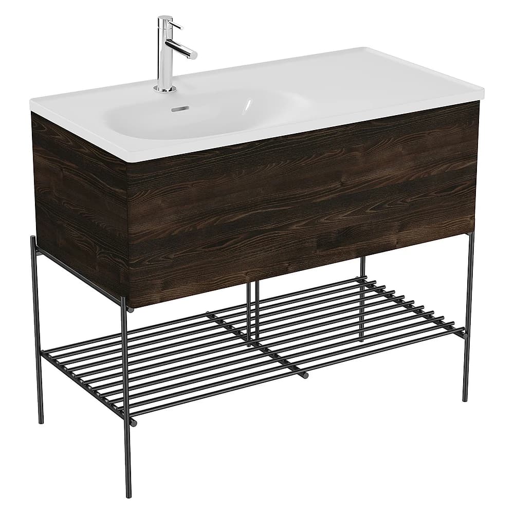 Vitra Equal 100 Cm Karaağaç Tek Çekmeceli Asimetrik Beyaz Lavabolu Metal Ayaklı Lavabo Dolabı