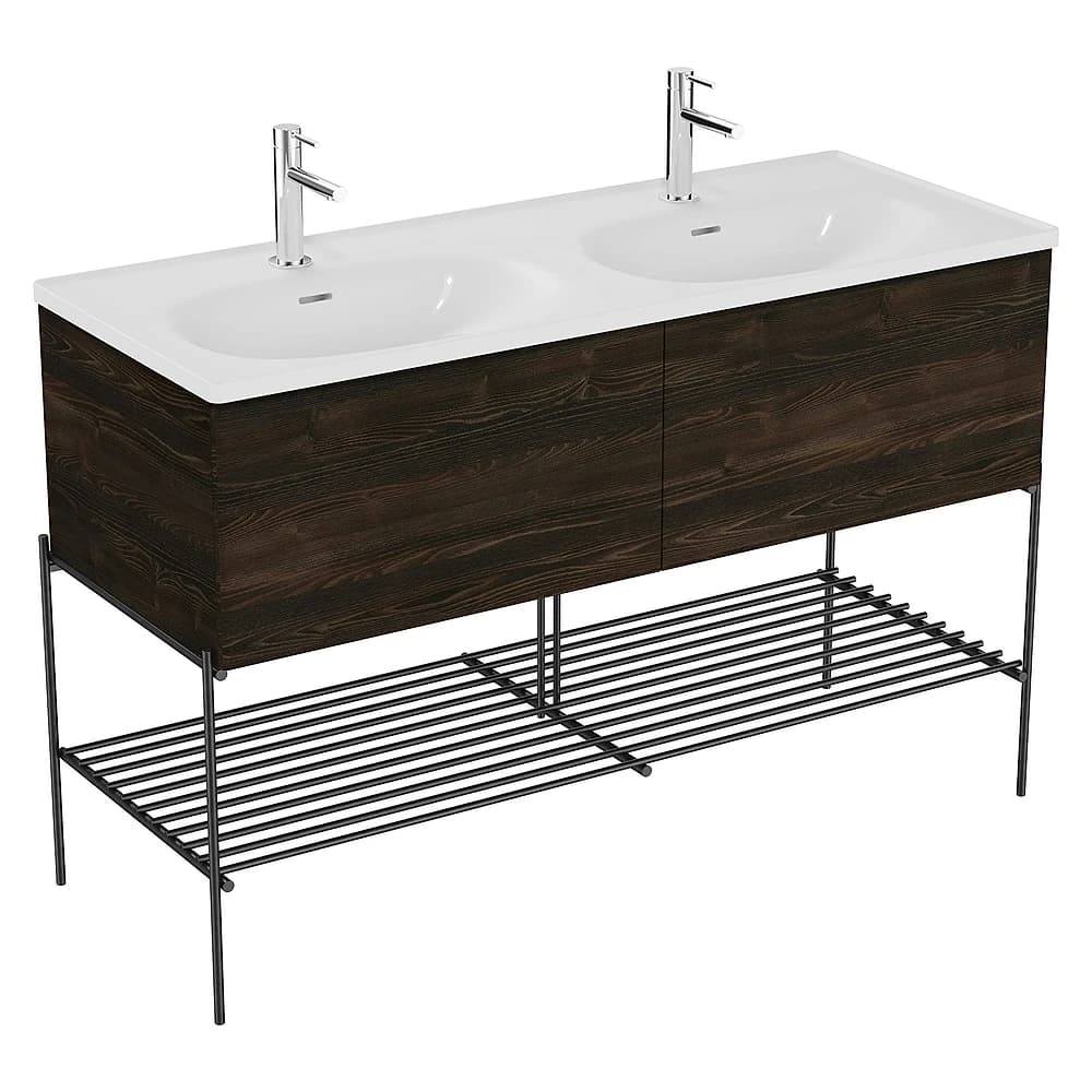 Vitra Equal 130 Cm Karaağaç İki Çekmeceli Çift Hazneli Beyaz Lavabolu Metal Ayaklı Lavabo Dolabı
