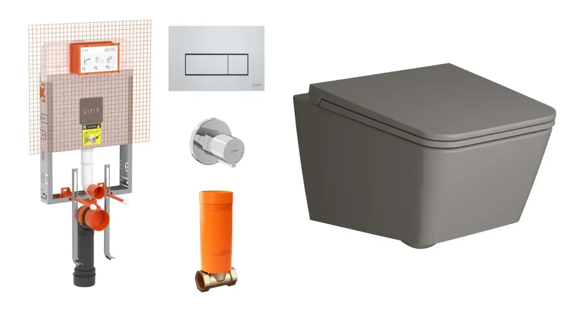 Vitra Equal Mat Taş Gri Rim-ex Kanalsız Asma Klozet ve Gömme Rezervuar Takımı