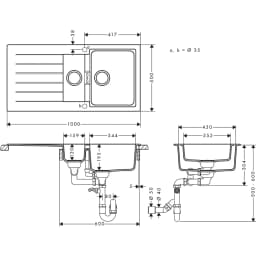 Hansgrohe S52 S520-F530 Grafit Siyahı Ankastre Granit Eviye - 43357170 görsel 2