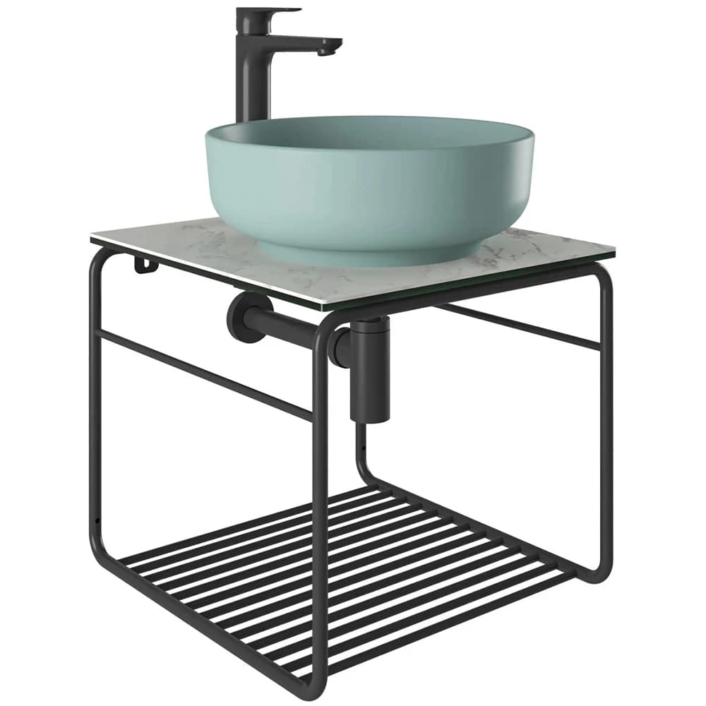 Kale Volo 45 Cm Yuvarlak Mat Adaçayı Yeşili Lavabolu Metal Banyo Mobilya Seti