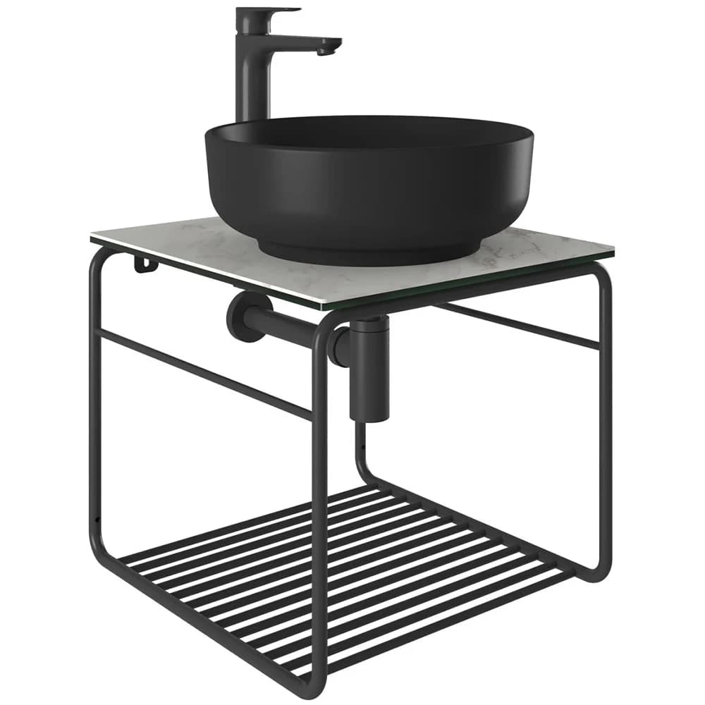 Kale Volo 45 Cm Yuvarlak Mat Siyah Lavabolu Metal Banyo Mobilya Seti