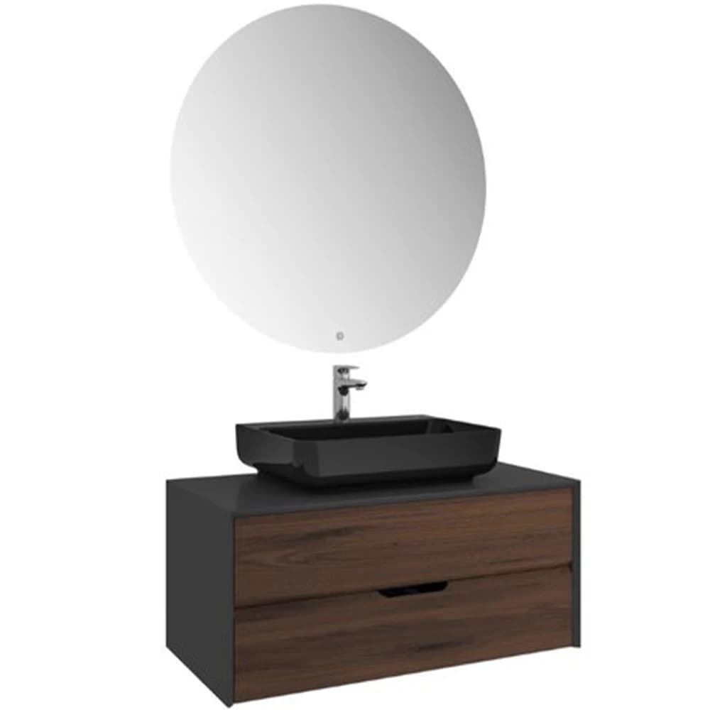 Kale Zero 2.0 100 Cm Set Antrasit & Ceviz (Dörtgen Parlak Siyah Armatür Bantlı Lavabo)