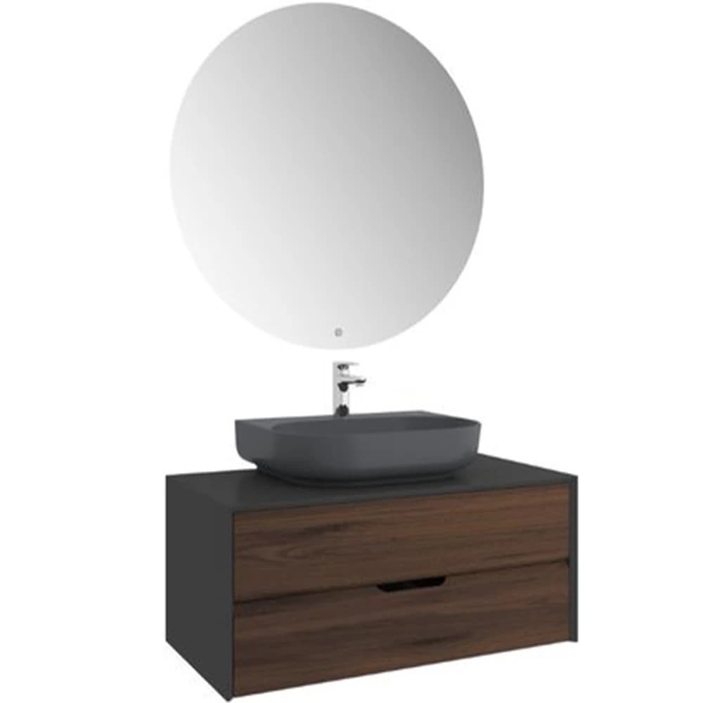 Kale Zero 2.0 100 Cm Set Antrasit Ceviz Banyo Dolabı (Oval Mat Antrasit Armatür Bantlı Lavabo)
