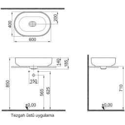 Kale Zero 2.0 60x40 Cm Mat Beyaz Oval Çanak Lavabo görsel 2