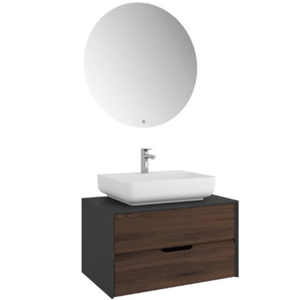 Kale Zero 2.0 80 Cm Antrasit Ceviz Banyo Dolabı (Dörtgen Mat Beyaz Armatür Bantlı Lavabo)