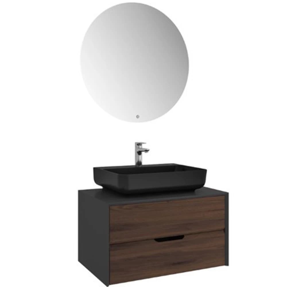 Kale Zero 2.0 80 Cm Antrasit Ceviz Banyo Dolabı (Dörtgen Mat Siyah Armatür Bantlı Lavabo)