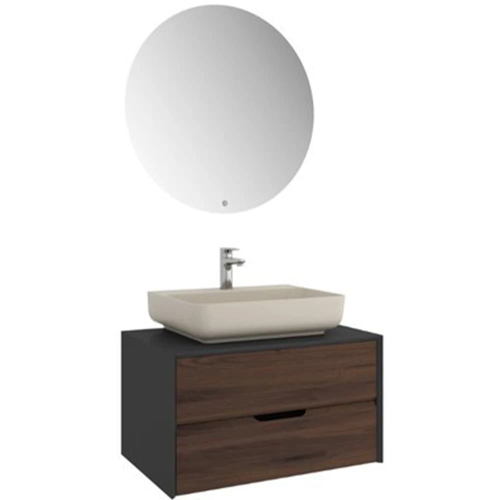 Kale Zero 2.0 80 Cm Antrasit Ceviz Banyo Dolabı (Dörtgen Mat Vizon Armatür Bantlı Lavabo)