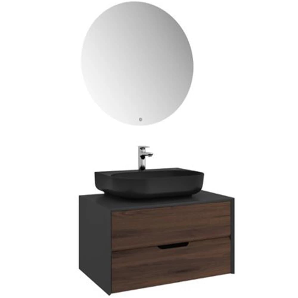 Kale Zero 2.0 80 Cm Antrasit Ceviz Banyo Dolabı (Oval Mat Siyah Armatür Bantlı Lavabo)