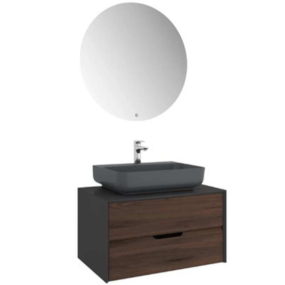 Kale Zero 2.0 80 Cm Set Antrasit Ceviz Banyo Dolabı (Dörtgen Mat Antrasit Armatür Bantlı Lavabo)