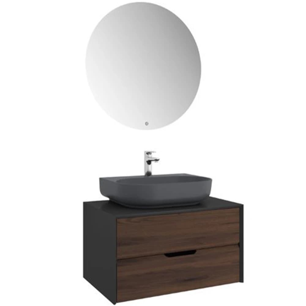 Kale Zero 2.0 80 Cm Set Antrasit Ceviz Banyo Dolabı (Oval Mat Antrasit Armatür Bantlı Lavabo)