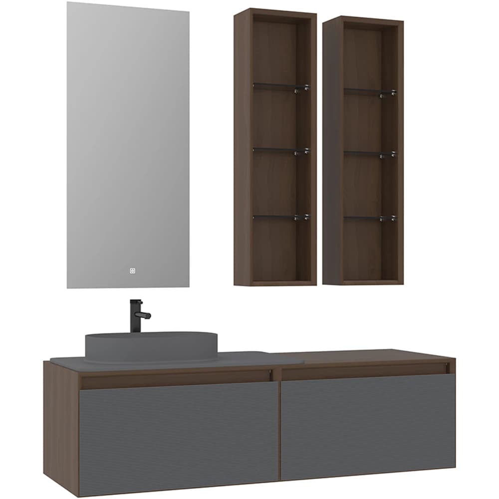Orka Pacific 140 Cm Mat Gri-Moka Meşe Banyo Dolabı Takımı (Sol)