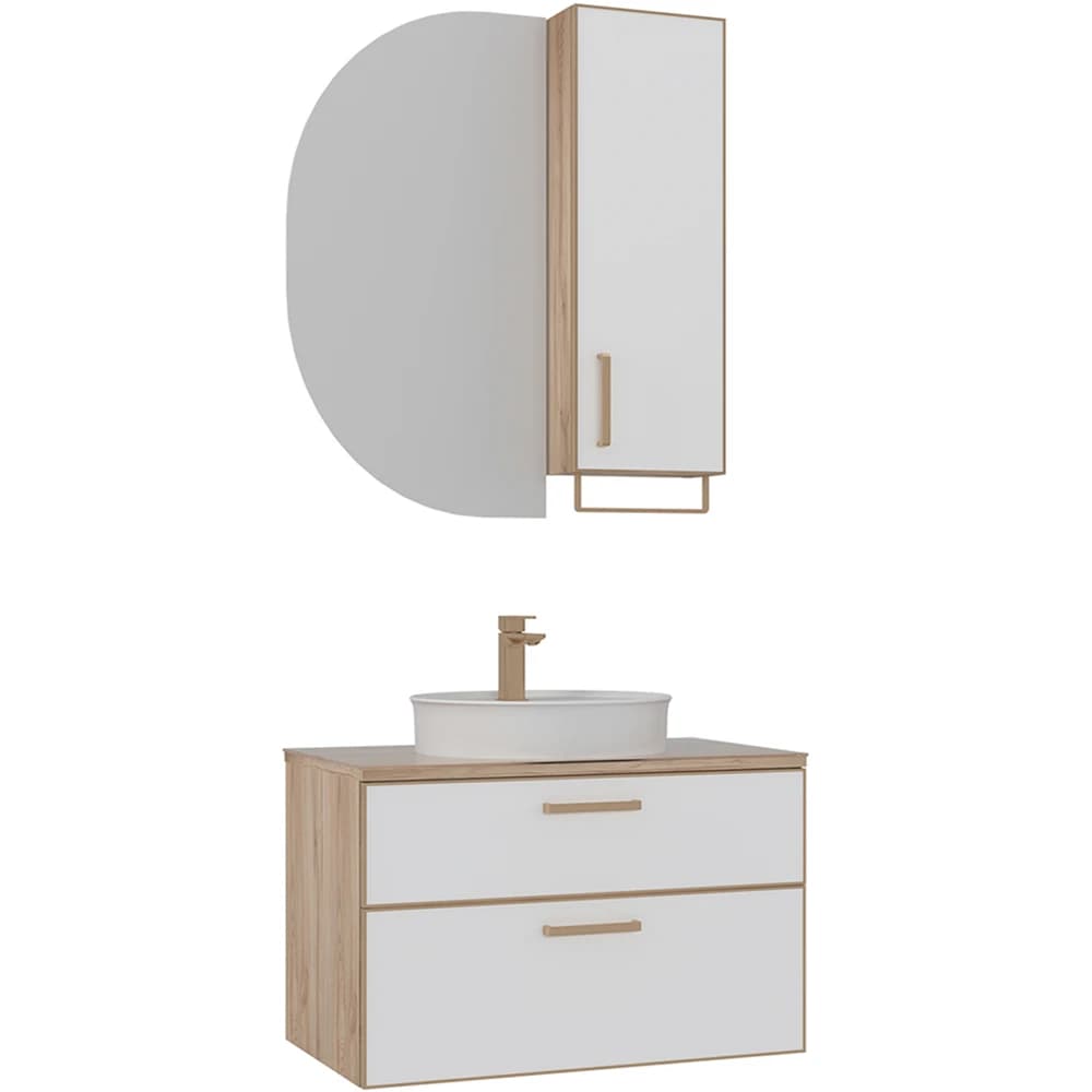 Orka Salerno 80 Cm Mat Beyaz-Legnano Banyo Dolabı Takımı (Altın Kulp)