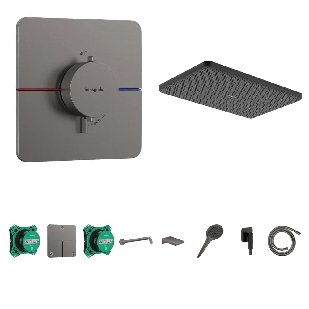 Hansgrohe ShowerSelect Comfort Q Mat Siyah-Krom 3 Çıkış Ankastre Duş Seti - Raindance Alive Q + Metropol Küvet Gagası