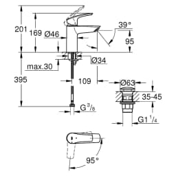 Grohe Eurosmart 2021 Siyah Bas-Aç Süzgeç S Lavabo Bataryası görsel 2