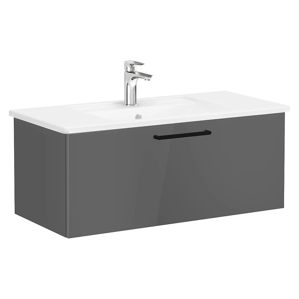 Vitra Root Flat 100 Cm Parlak Antrasit Tek Çekmeceli Köşeli Lavabolu Lavabo Dolabı