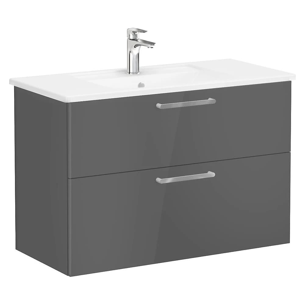 Vitra Root Flat 100 Cm Parlak Antrasit İki Çekmeceli Köşeli Lavabolu Lavabo Dolabı