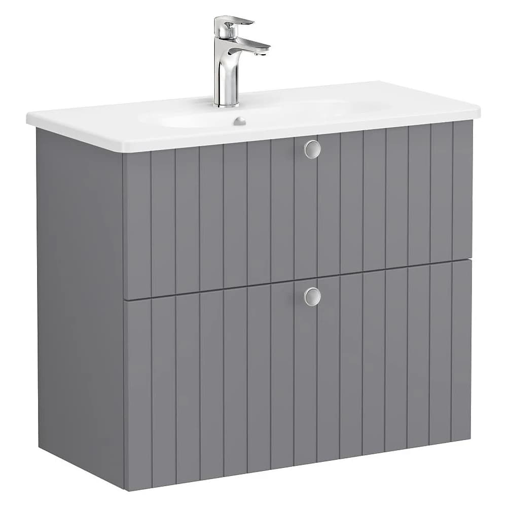 Vitra Root Groove 80 Cm Mat Gri İki Çekmeceli Dar Yuvarlak Lavabolu Lavabo Dolabı