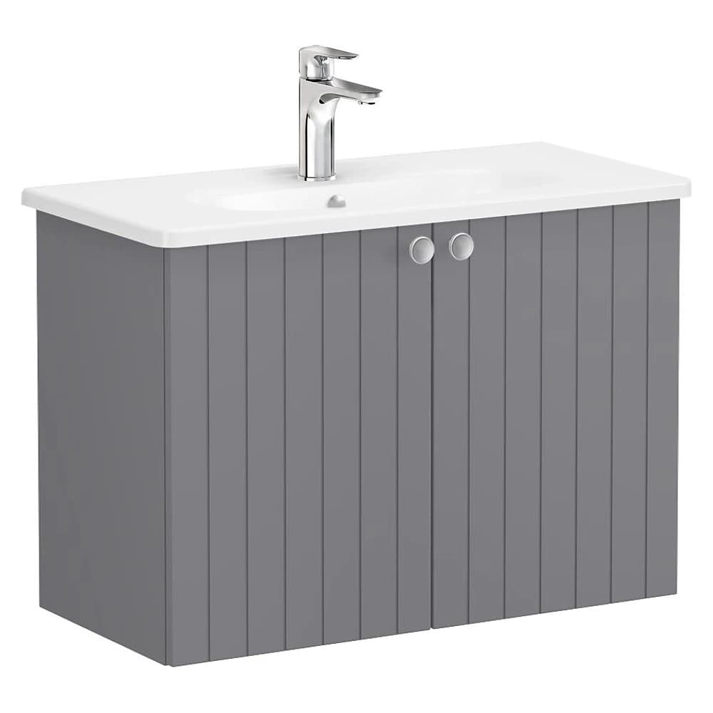 Vitra Root Groove 80 Cm Mat Gri İki Kapaklı Dar Yuvarlak Lavabolu Lavabo Dolabı