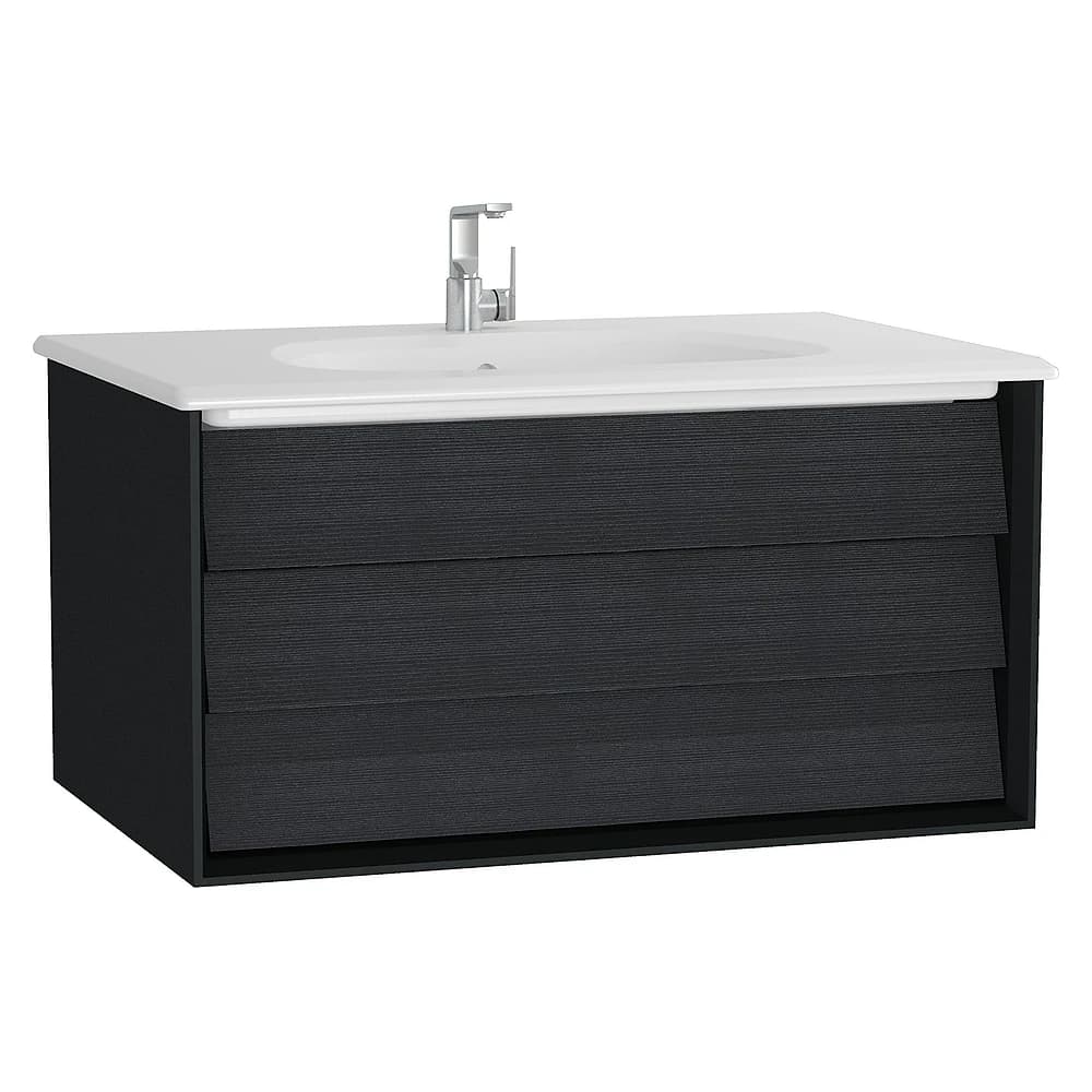 Vitra Frame 80 Cm Mat Soft Siyah & Hareli Siyah Meşe Tek Çekmeceli Etajerli Lavabolu Lavabo Dolabı