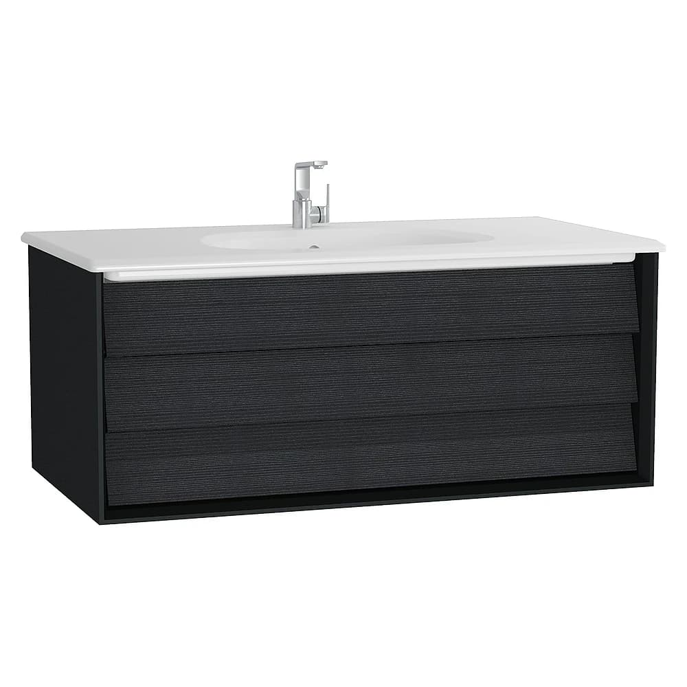 Vitra Frame 100 Cm Mat Soft Siyah & Hareli Siyah Meşe Tek Çekmeceli Etajerli Lavabolu Lavabo Dolabı