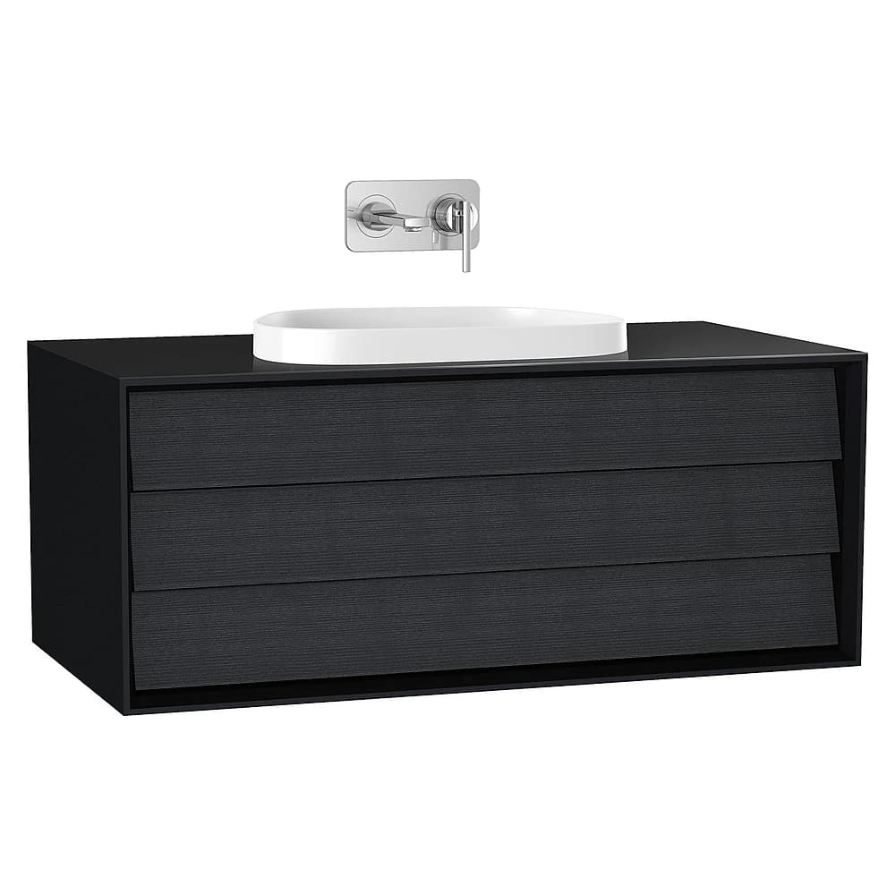 Vitra Frame 100 Cm Mat Soft Siyah & Hareli Siyah Meşe Tek Çekmeceli Tezgahüstü Lavabolu Armatür Deliksiz Lavabo Dolabı