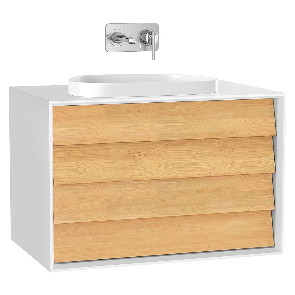 Vitra Frame 80 Cm Mat Soft Beyaz & Dore Meşe İki Çekmeceli Tezgahüstü Lavabolu Armatür Deliksiz Lavabo Dolabı