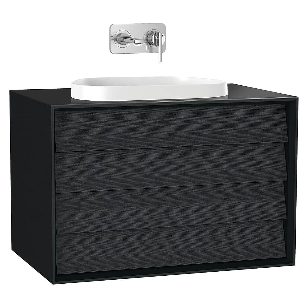 Vitra Frame 80 Cm Mat Soft Siyah & Hareli Siyah Meşe İki Çekmeceli Tezgahüstü Lavabolu Armatür Deliksiz Lavabo Dolabı