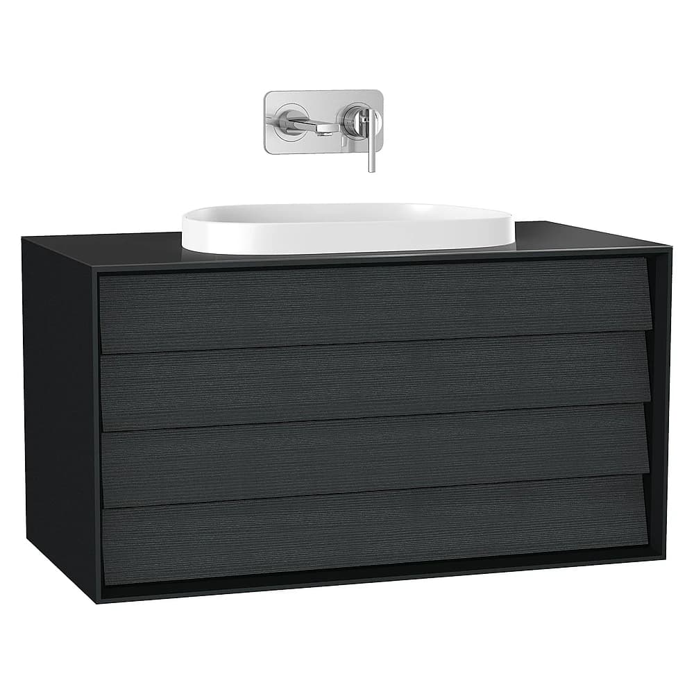 Vitra Frame 100 Cm Mat Soft Siyah & Hareli Siyah Meşe İki Çekmeceli Tezgahüstü Lavabolu Armatür Deliksiz Lavabo Dolabı