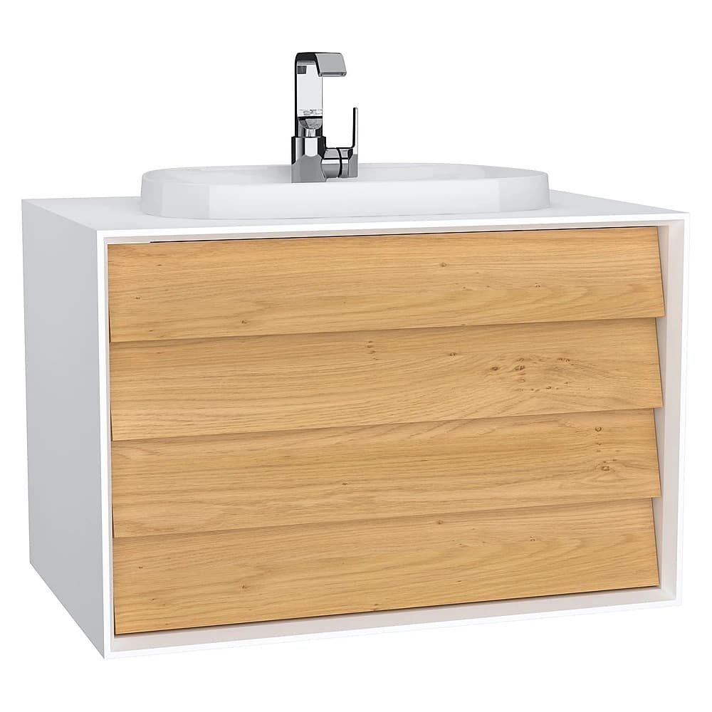 Vitra Frame 80 Cm Mat Soft Beyaz & Dore Meşe İki Çekmeceli Tezgahüstü Lavabolu Armatür Delikli Lavabo Dolabı