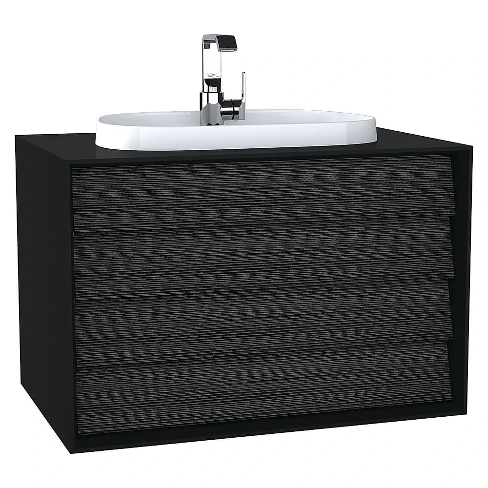 Vitra Frame 80 Cm Mat Soft Siyah & Hareli Siyah Meşe İki Çekmeceli Tezgahüstü Lavabolu Armatür Delikli Lavabo Dolabı