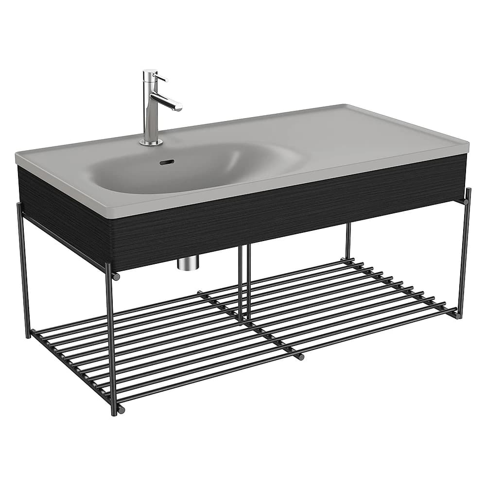Vitra Equal 100 Cm Hareli Siyah Meşe Asimetrik Gri Lavabolu Raflı Lavabo Ünitesi