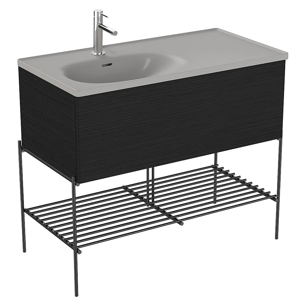 Vitra Equal 100 Cm Hareli Siyah Meşe Tek Çekmeceli Asimetrik Gri Lavabolu Metal Ayaklı Lavabo Dolabı