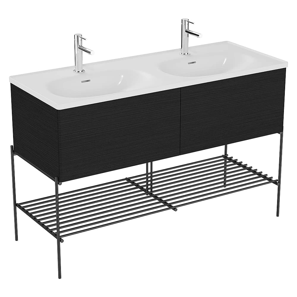 Vitra Equal 130 Cm Hareli Siyah Meşe İki Çekmeceli Çift Hazneli Beyaz Lavabolu Metal Ayaklı Lavabo Dolabı