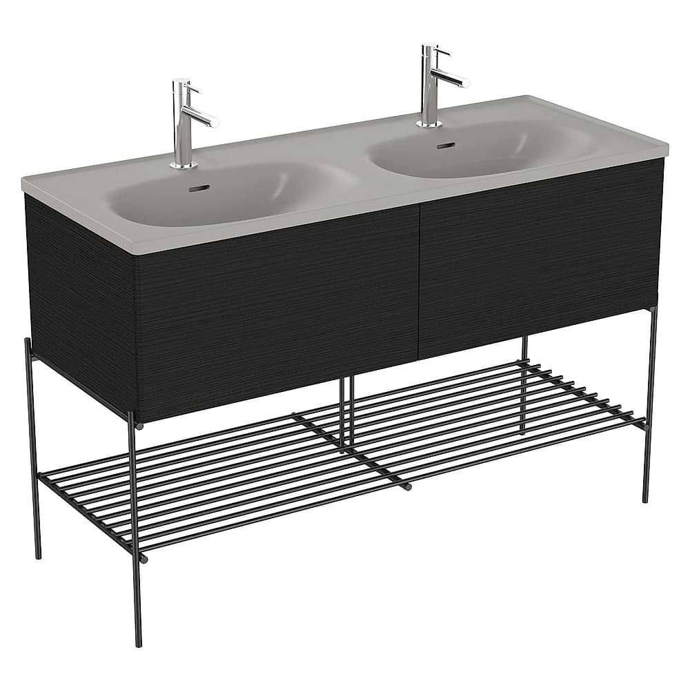 Vitra Equal 130 Cm Hareli Siyah Meşe İki Çekmeceli Çift Hazneli Gri Lavabolu Metal Ayaklı Lavabo Dolabı