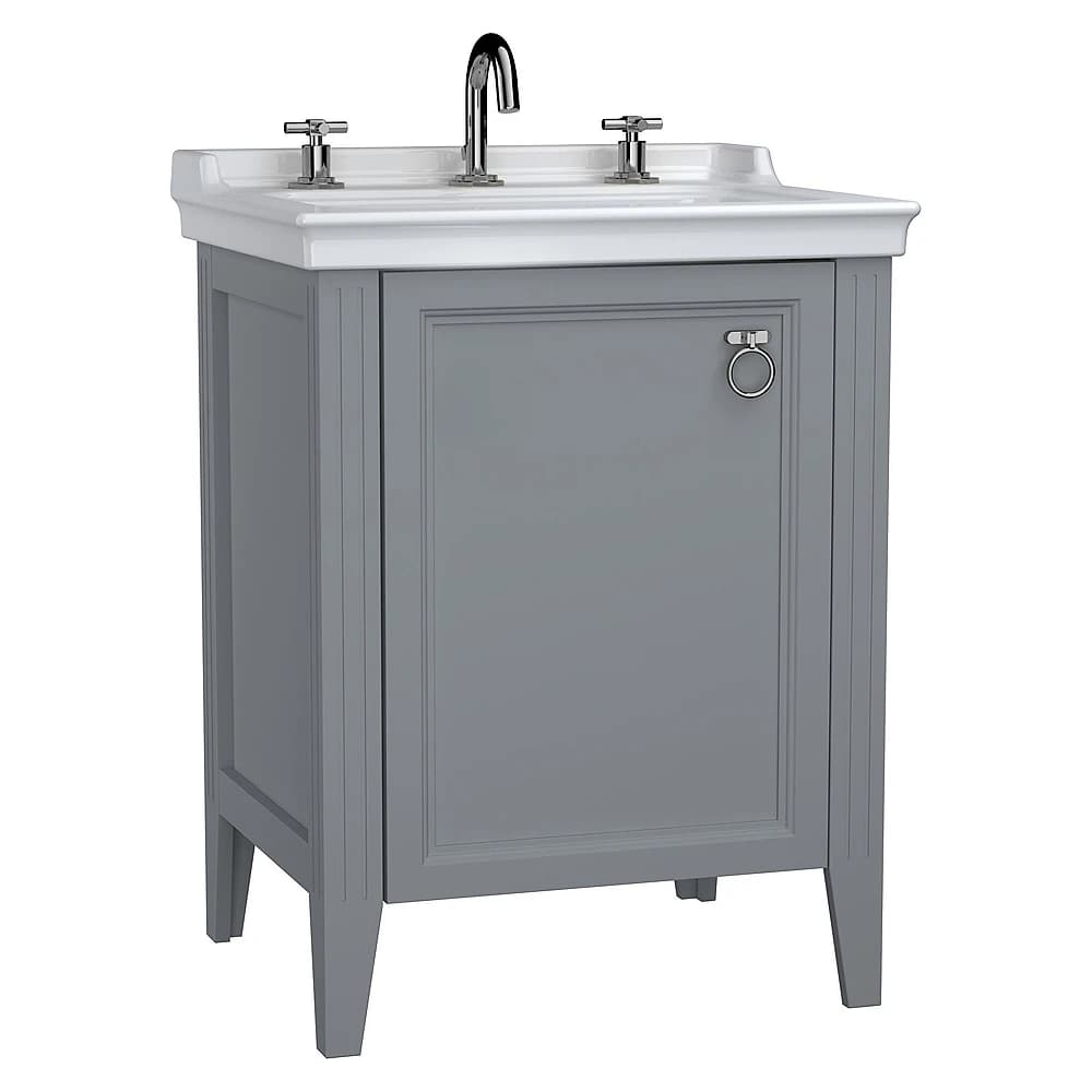 Vitra Valarte 65 Cm Mat Gri Tek Kapaklı Etajerli Lavabolu Üç Armatür Delikli Sol Lavabo Dolabı