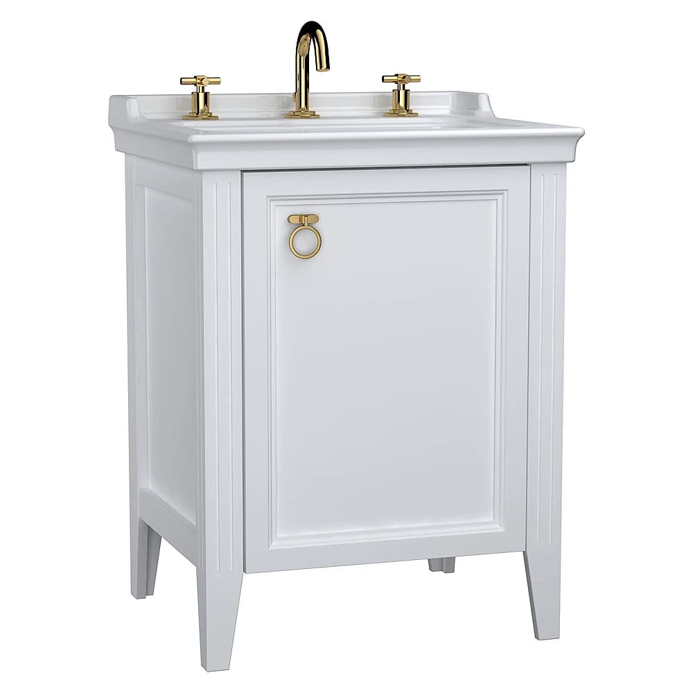 Vitra Valarte 65 Cm Mat Beyaz Tek Kapaklı Etajerli Lavabolu Üç Armatür Delikli Sağ Lavabo Dolabı