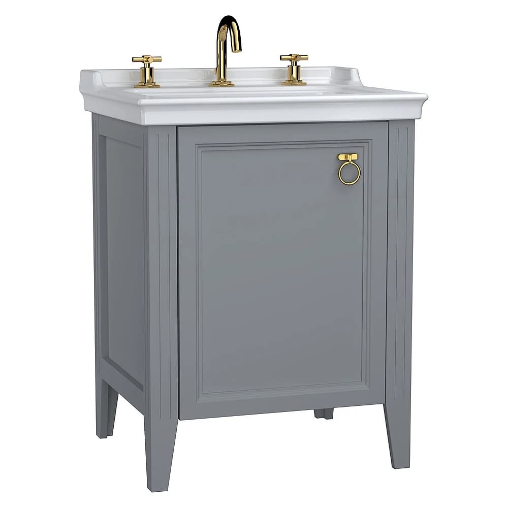 Vitra Valarte 65 Cm Mat Gri Tek Kapaklı Etajerli Lavabolu Üç Armatür Delikli Sağ Lavabo Dolabı