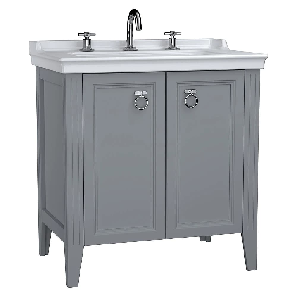 Vitra Valarte 80 Cm Mat Gri İki Kapaklı Etajerli Lavabolu Üç Armatür Delikli Lavabo Dolabı