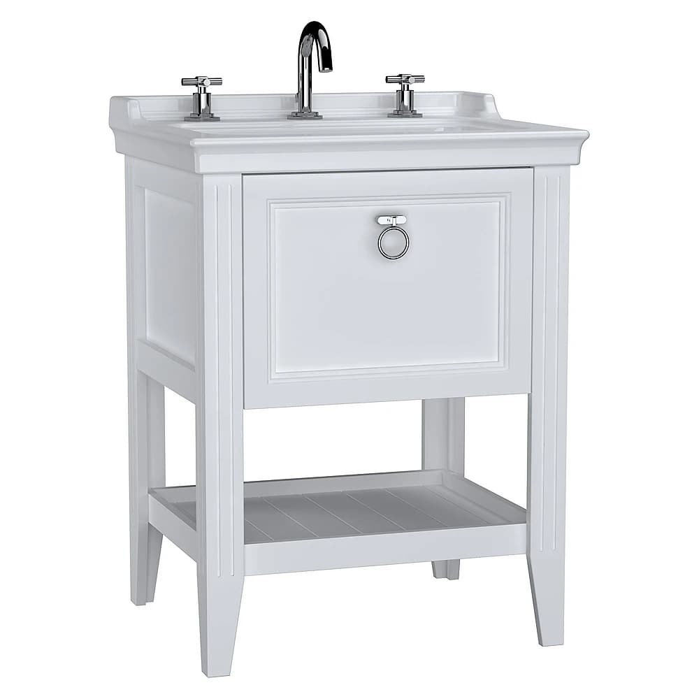 Vitra Valarte 65 Cm Mat Beyaz Tek Çekmeceli Etajerli Lavabolu Üç Armatür Delikli Lavabo Dolabı