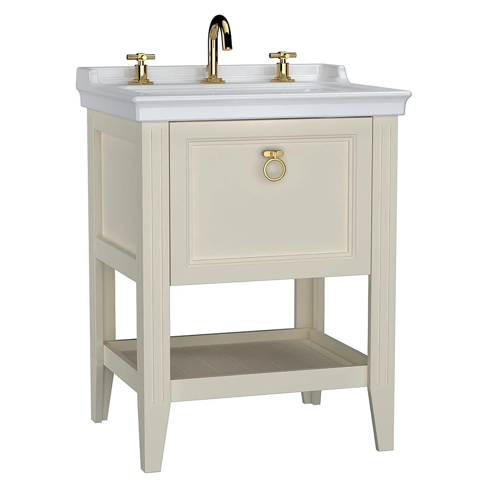 Vitra Valarte 65 Cm Mat Fildişi Tek Çekmeceli Etajerli Lavabolu Üç Armatür Delikli Lavabo Dolabı