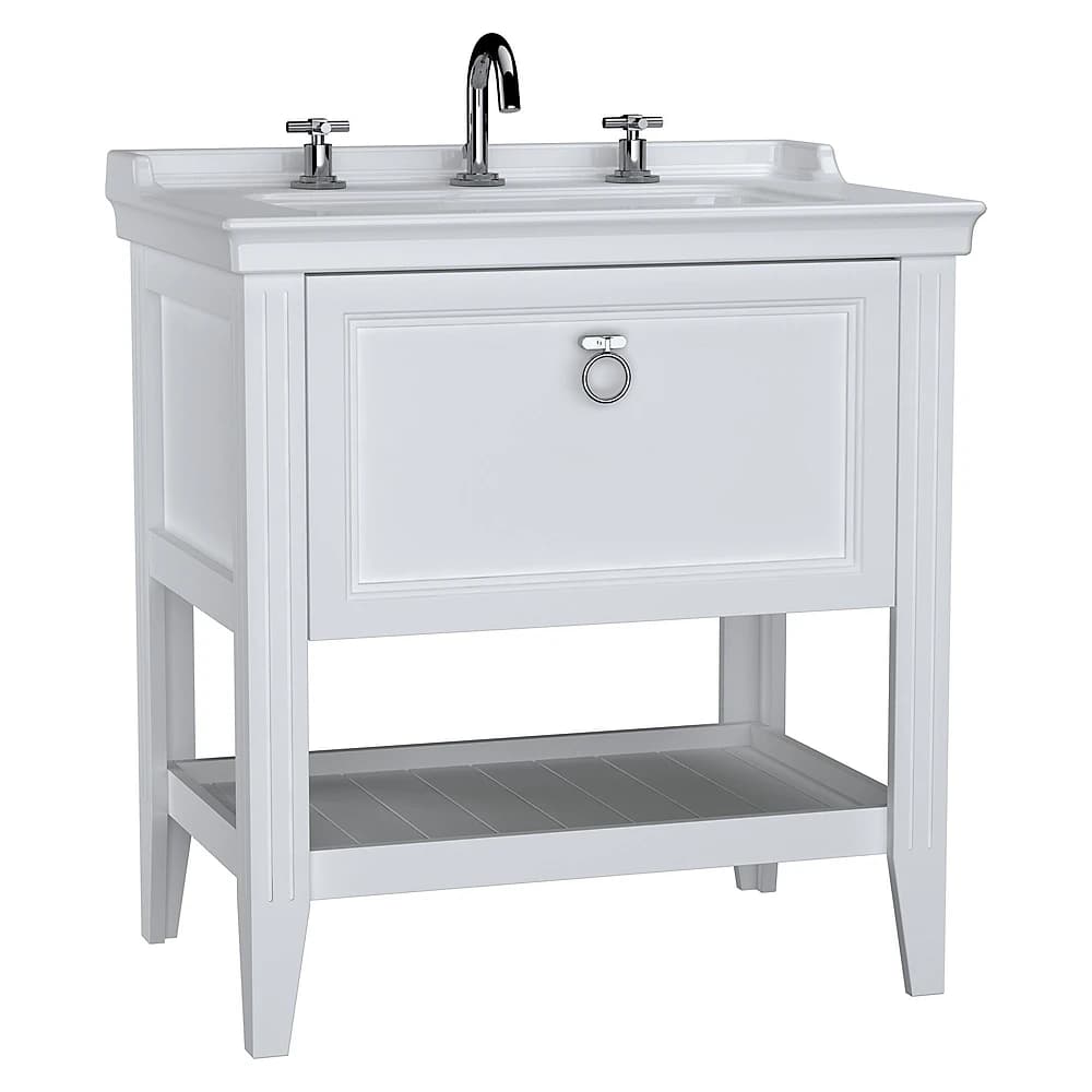 Vitra Valarte 80 Cm Mat Beyaz Tek Çekmeceli Etajerli Lavabolu Üç Armatür Delikli Lavabo Dolabı